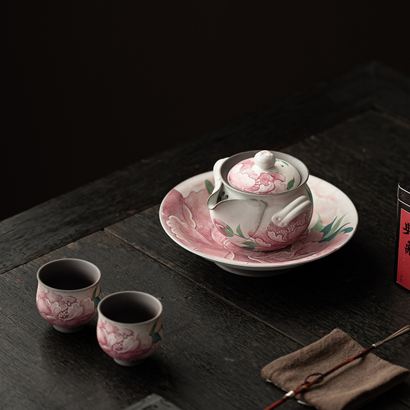 Ấm cầm tay hoa mẫu đơn trang điểm nhẹ bùn đá cũ dụng cụ trà Kung Fu Trung Quốc gia dụng ấm trà đơn gốm vẽ tay hộp quà