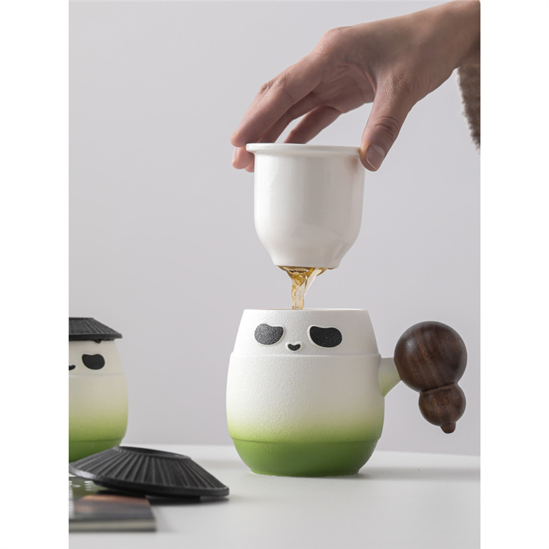 Cốc sứ gấu trúc cốc lọc cốc nước tách trà cá nhân văn phòng có nắp cốc pha trà logo