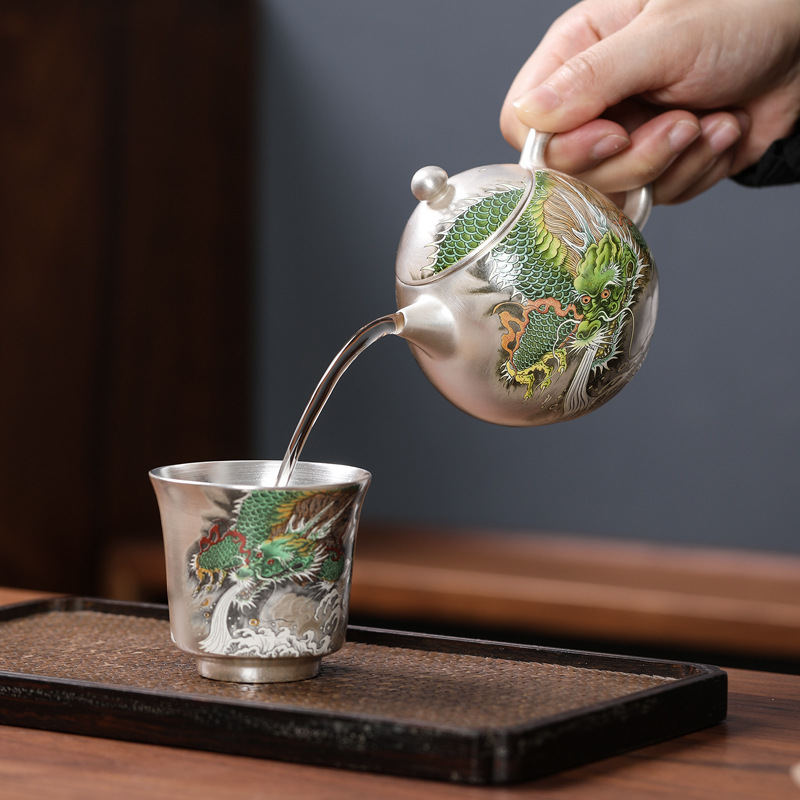 Ấm trà bạc rồng xanh tráng men Dehua ấm trà ngàn hoa mạ bạc bộ trà Kung Fu cao cấp dành cho nữ
