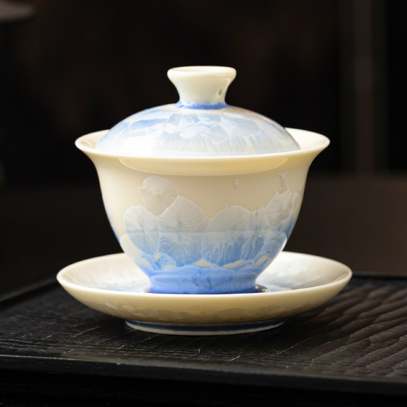 Bát tam tài tráng men pha lê xanh nước biển bát trà đơn cao cấp bộ trà gốm sứ gia dụng hộp quà tách trà Kung Fu cỡ lớn