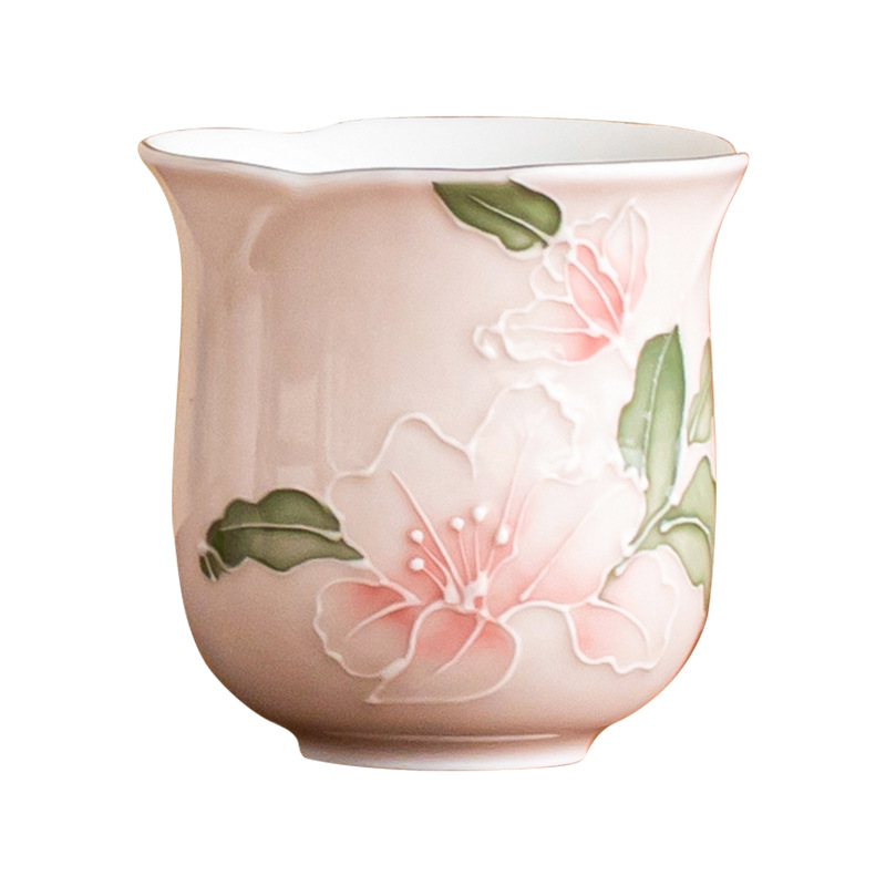 Cốc trà gốm hoa huệ hồng chạm khắc vẽ tay cốc chủ nhân cốc trà chuyên dụng cá nhân cốc trà cốc trà cao cấp retro
