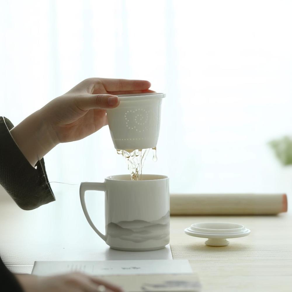 Cốc pha trà Ngọc Bích mỡ cừu Cốc pha trà núi Xa cốc tách trà gốm sứ có nắp lọc logo Cốc sứ trắng