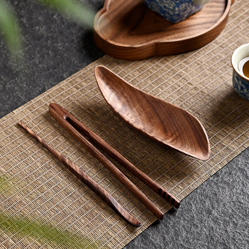 Bộ trà ba mảnh Gỗ Óc Chó Đen Bắc Mỹ, bộ trà Kungfu, phụ kiện trà đạo bằng gỗ nguyên khối