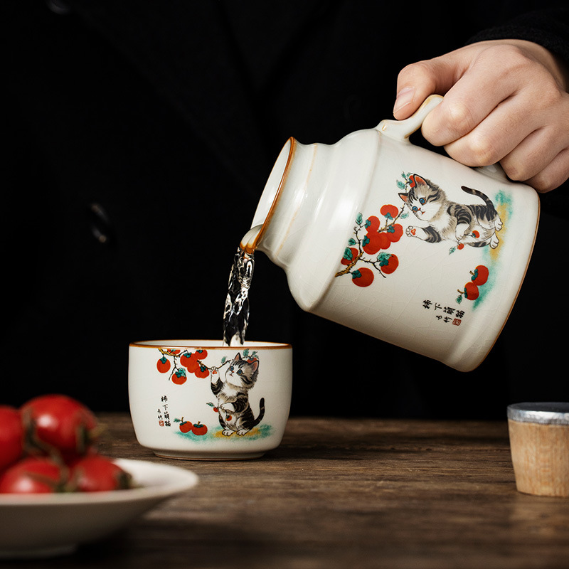 Cốc cốc ấm mèo dễ thương dưới hồng Ru Kiln cốc pha trà cao cấp văn phòng gia dụng có nắp cốc nước sáng tạo
