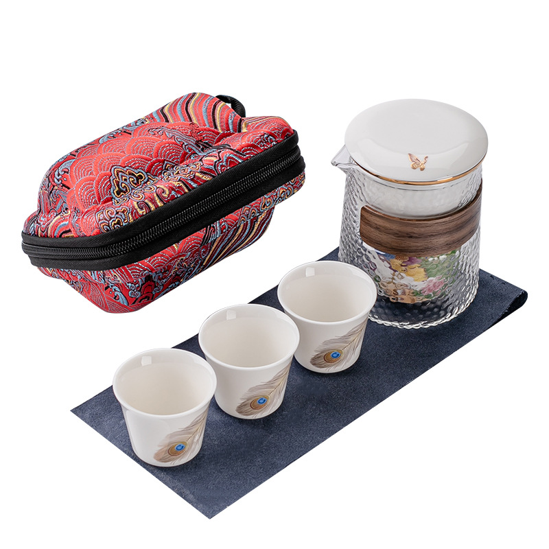 Dụng cụ pha trà di động thủy tinh công bằng nhanh dụng cụ trà du lịch một ấm Ba cốc Bộ gia dụng quà tặng doanh nghiệp LOGO
