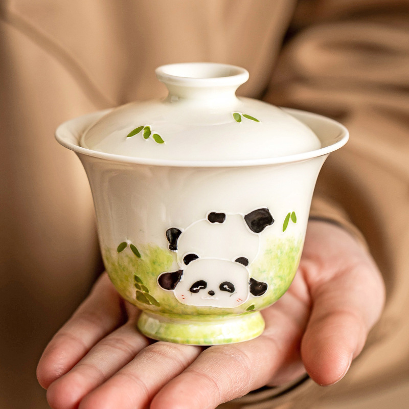 Vẽ tay đống chạm khắc gấu trúc nắp bát trà chén chén trà gia dụng men xám thực vật bộ trà Kung Fu đơn chống bỏng hộp quà