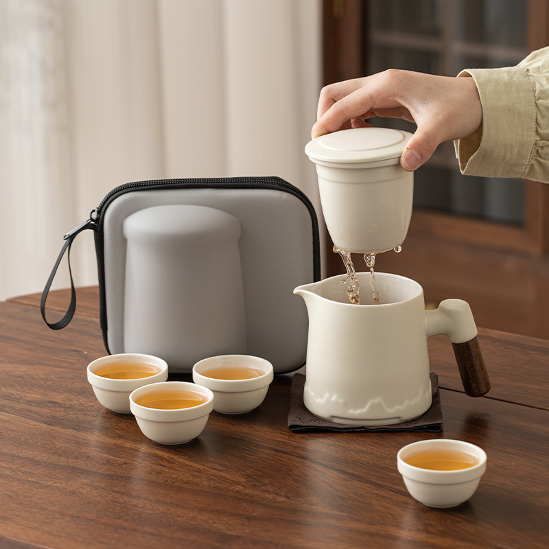 Bộ túi du lịch xách tay màu trắng kem một ấm bốn cốc cắm trại ngoài trời xe hơi nhanh cốc pha trà cốc kinh doanh