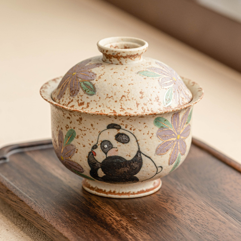 Màu xanh và trắng, đá lửa đỏ, bát có nắp, bát trà hoa cúc vẽ tay gấu trúc, bát pha trà cao cấp gia dụng có nắp, cốc trà