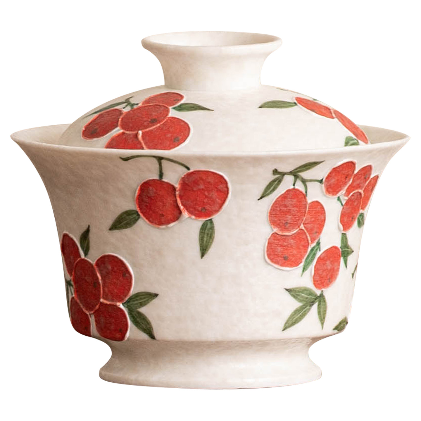 Bộ ấm chén trà gốm sứ Kung Fu màu trắng đá khoáng, họa tiết anh đào chạm khắc thủ công, chén trà gaiwan, một chiếc