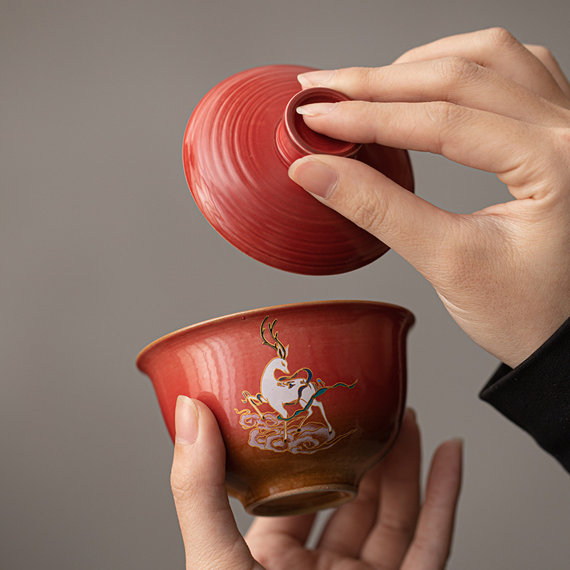 Bộ ấm trà hươu chín màu ấm trà gốm sứ kiểu Trung Quốc mới cốc trà một ấm bốn cốc có ấm dụng cụ pha trà gia dụng