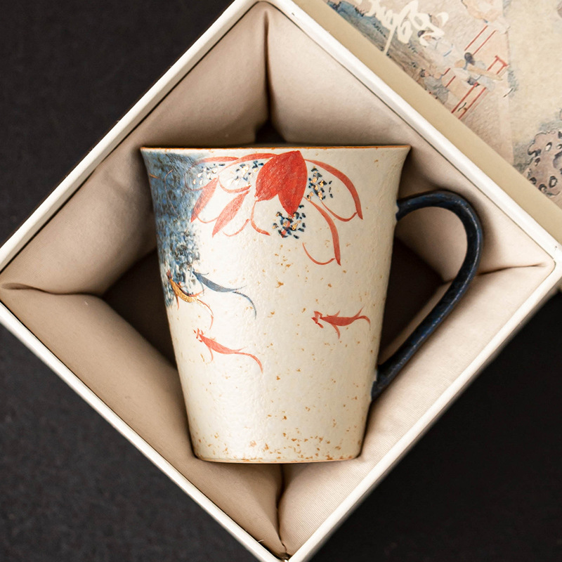 Cốc nước đỏ đá lửa trắng xanh cốc cao cấp tinh xảo sơn vàng vẽ tay hoa sen Koi cốc cà phê cốc trà cỡ lớn chống bỏng