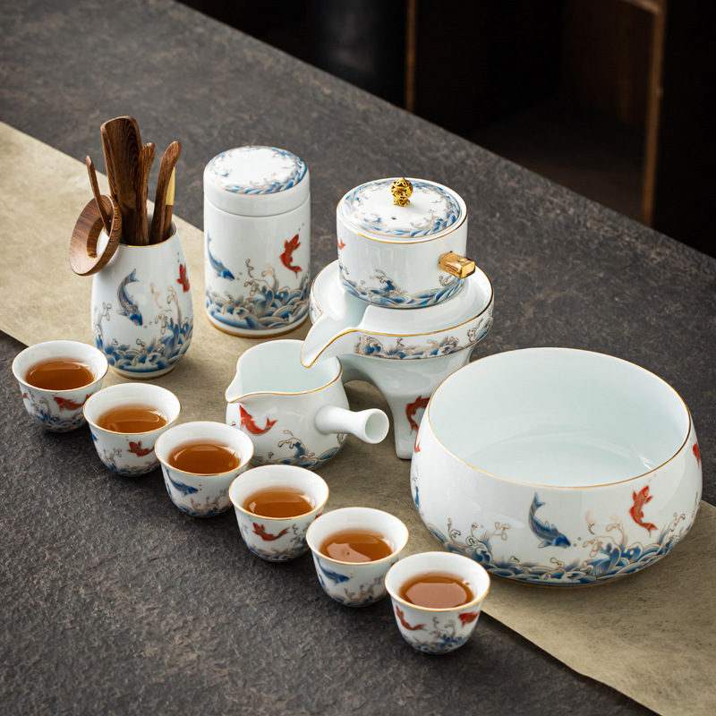 Bộ dụng cụ pha trà tự động lười dụng cụ pha trà xoay đá mài văn phòng gia dụng bằng gốm cốc trà trọn bộ hộp quà