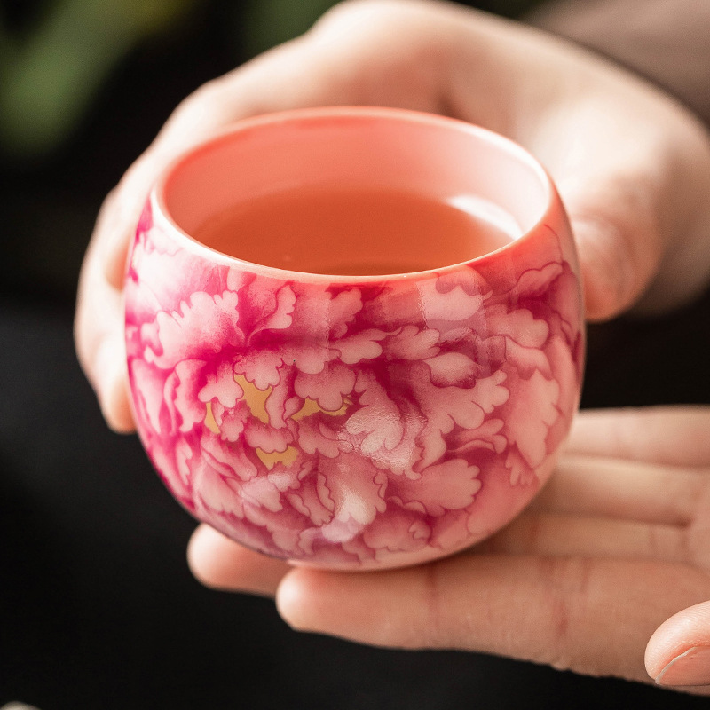 Cốc chủ nhân màu hồng, màu đỏ quốc gia, hoa mẫu đơn, bộ trà gốm sứ gia dụng, tách trà, tách trà, tách đơn