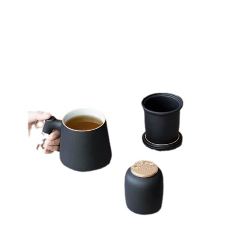 Cốc trà gốm đen văn phòng gốm sứ gia dụng có nắp lọc tách trà Cốc pha trà nam nữ chuyên dụng cá nhân