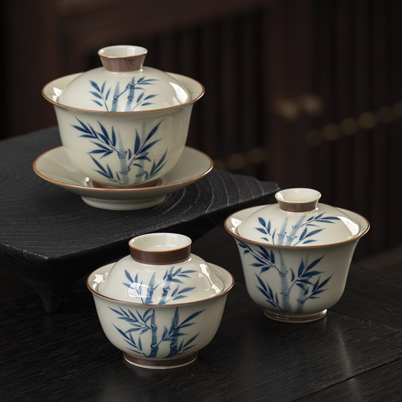 Bộ ấm chén trà Kung Fu gốm sứ vẽ tay, chén trà có nắp Sancai, bộ ấm chén văn phòng nhà màu men lót