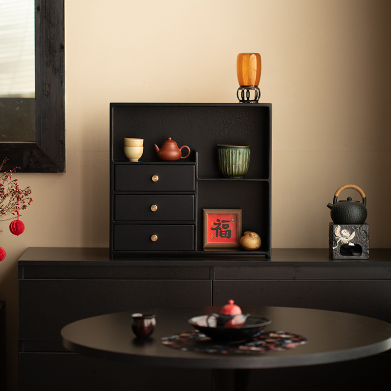 Máy tính để bàn bằng gỗ nguyên khối kiểu Trung Quốc, hộp đựng đồ đựng cốc trà, giá đựng trà Bogu, tủ trưng bày gỗ óc chó đen treo tường