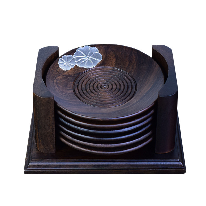 Phụ kiện bộ ấm trà gỗ solid gỗ mun có kệ đựng cốc đựng cốc trà thiếc nguyên chất kiểu Trung Quốc cỡ lớn bộ lót cốc trà đạo Kung Fu