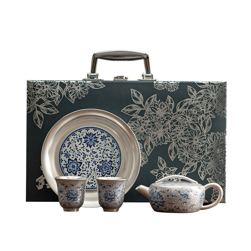 Bộ ấm gốm sứ Hàn Hoa sen mạ bạc Bộ ấm một ấm hai cốc có ấm gốm sứ Bộ ấm trà Kung Fu Quà tặng doanh nghiệp
