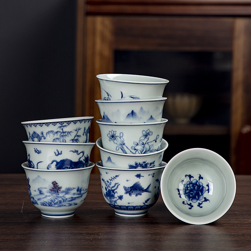 Cốc chủ nhân lớn màu xanh và trắng, tách trà, tách trà cổ, tách đơn cá nhân tráng men màu đỏ, Bộ trà gốm sứ