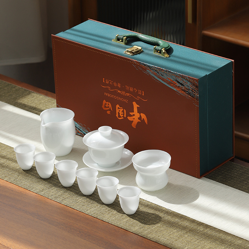Bộ ấm chén trà Kung Fu sứ ngọc trắng dùng cho gia đình và văn phòng, bao gồm ấm trà, gaiwan và tách trà, quà tặng gốm sứ cao cấp sang trọng.