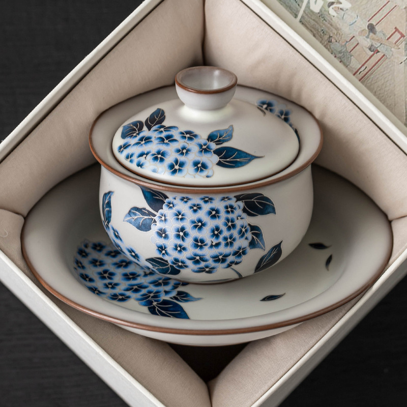 Cốc trà có nắp đậy Ruyao Sancai Cốc trà mỡ lợn đông lạnh Ruqing hoa cẩm tú cầu sứ Ru Bát trà có nắp chống bỏng Một bát hai cốc