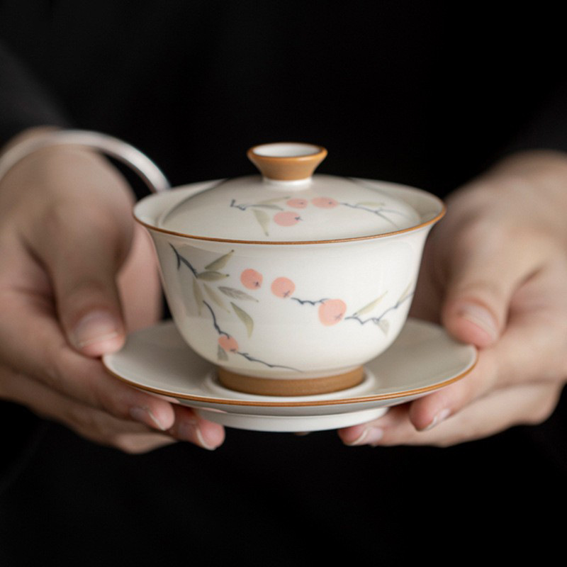 Bát có nắp tam tài vẽ tay Đồ pha trà hồng tráng men màu cổ điển Bộ trà Kung Fu cao cấp chống bỏng gia dụng Bát trà gốm sứ