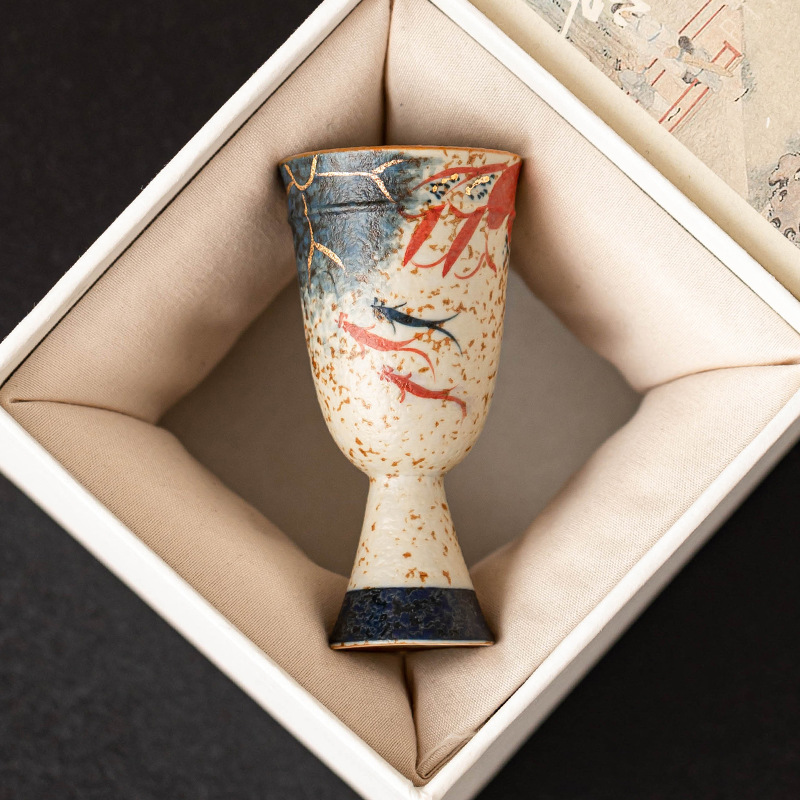 Cốc trà cao cấp màu đỏ đá lửa xanh trắng chạm khắc vàng hoa sen koi thơm cốc nhỏ cốc trà Kung Fu cốc trà gia dụng