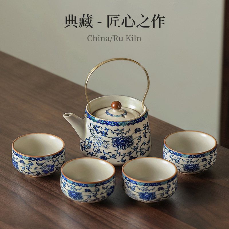 Bộ trà một người uống bộ trà Kung Fu lò Ru xanh trắng ấm trà gia dụng uống trà mẫu mới 2025 một ấm hai cốc