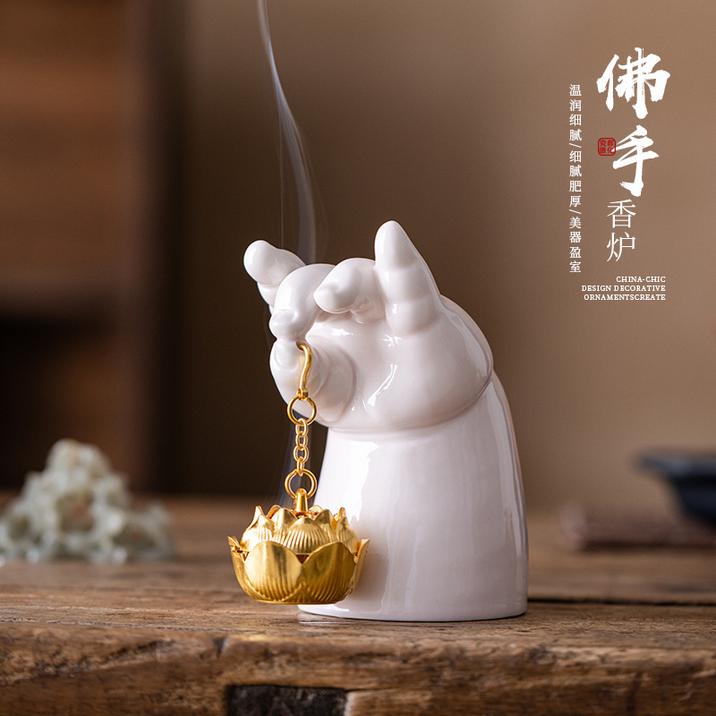 Lư hương hoa sen hình phật thủ sáng tạo gốm sứ cắm hương bàn trà gia dụng phụ kiện trang trí phụ kiện ghế hương dụng cụ xông hương