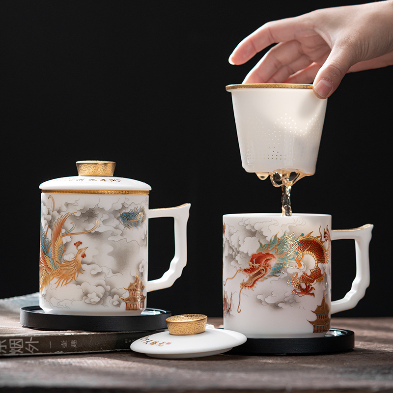 Cốc văn phòng bằng sứ trắng ngọc bích có tay cầm cốc pha trà tách trà rồng phượng 2024 cốc nước cao cấp quà tặng năm rồng