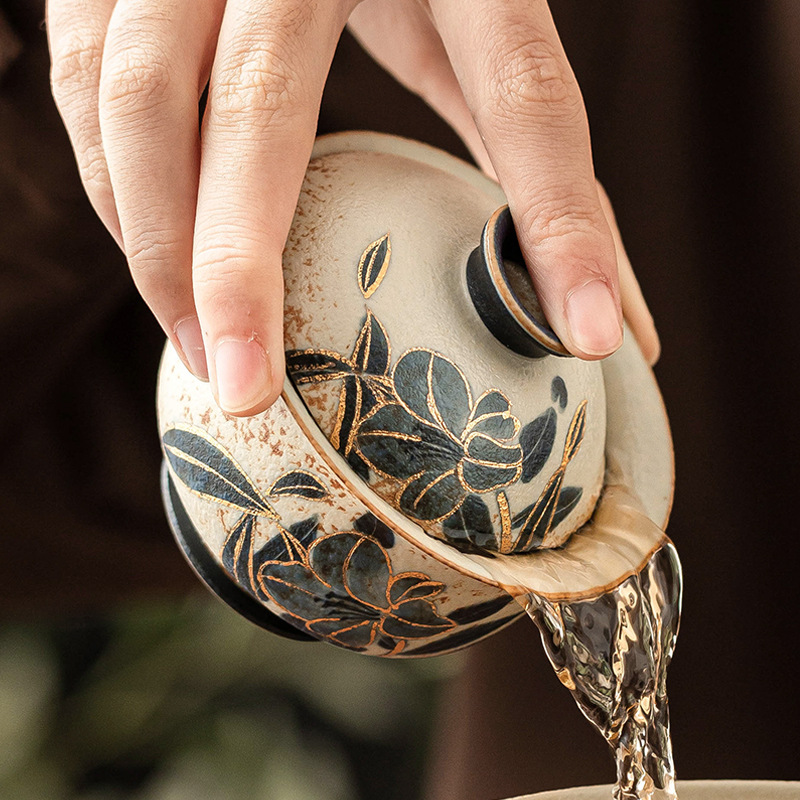 Bát gốm sứ đỏ đá lửa trắng xanh, bát trà hoa huệ vẽ tay có nắp, bộ trà kungfu gia dụng, bát pha trà đơn