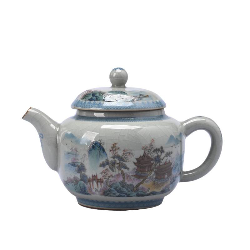 Ấm trà sứ trắng xanh Jingdezhen Qianli giang sơn bộ trà Kung Fu dụng cụ pha trà đơn gốm sứ gia dụng retro ấm đơn
