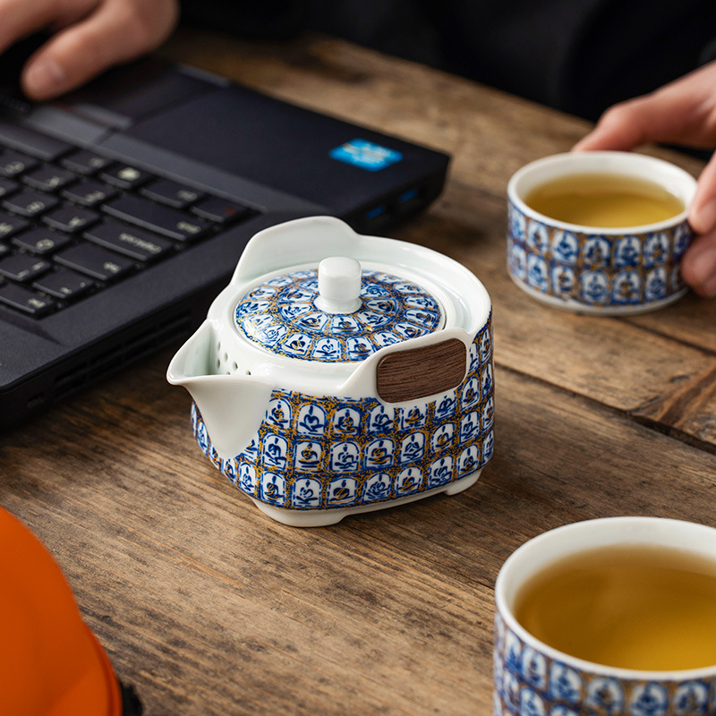 Bộ trà du lịch gốm sứ bộ trà kungfu tráng men soda cầm tay gia dụng du lịch cốc nhanh cốc trà bát có nắp ngoài trời