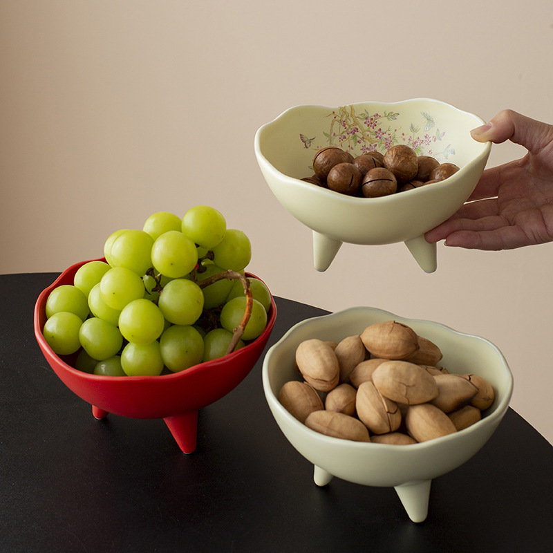 Đĩa trái cây, đĩa giải khát chân cao gốm sứ kiểu Trung Quốc, đĩa đựng đồ ăn nhẹ, đĩa ăn vặt, bát ba chân không đều trong phòng khách