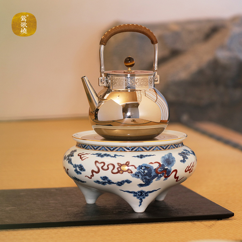 Bếp gốm điện Yingge chính hãng, bếp trà hoa cẩm tú cầu sư tử đỏ tráng men trắng xanh, bếp nấu trà từ xa không dây im lặng