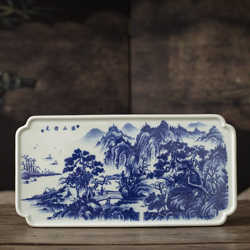 Jingdezhen tráng men màu retro màu xanh và trắng bát nắp phong cảnh cốc trà bộ trà Kung Fu cao cấp dụng cụ trà gốm sứ khay pha khô