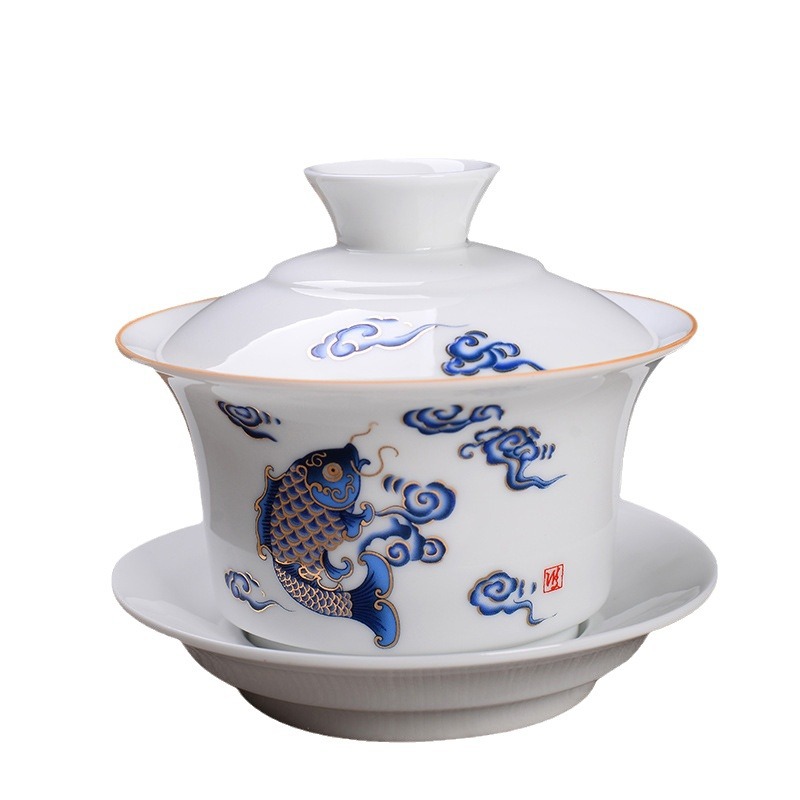 Bát có nắp tam tài Cỡ Lớn 250ml sứ trắng/trà Jilan bát đơn Bộ trà Kung Fu trà tám báu Gốm Sứ Bát Ba pháo