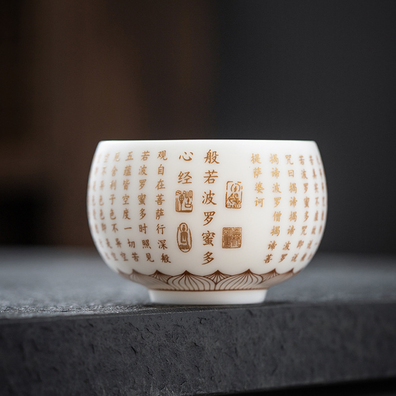 Ngọc Dương Ngọc Baifu Heart Sutra Cốc trà Sứ Trắng Quà Tặng Cốc trà Bát trà Kung Fu Bộ trà Cốc cá nhân Cốc chủ nhân Cốc đơn