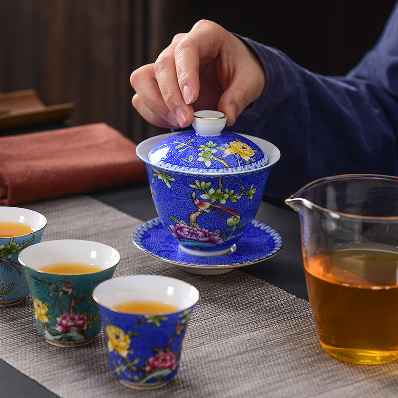 Bộ ấm chén trà sứ tráng men Jingdezhen ba món có nắp, bộ pha trà gốm sứ dùng trong nhà, chén trà lớn