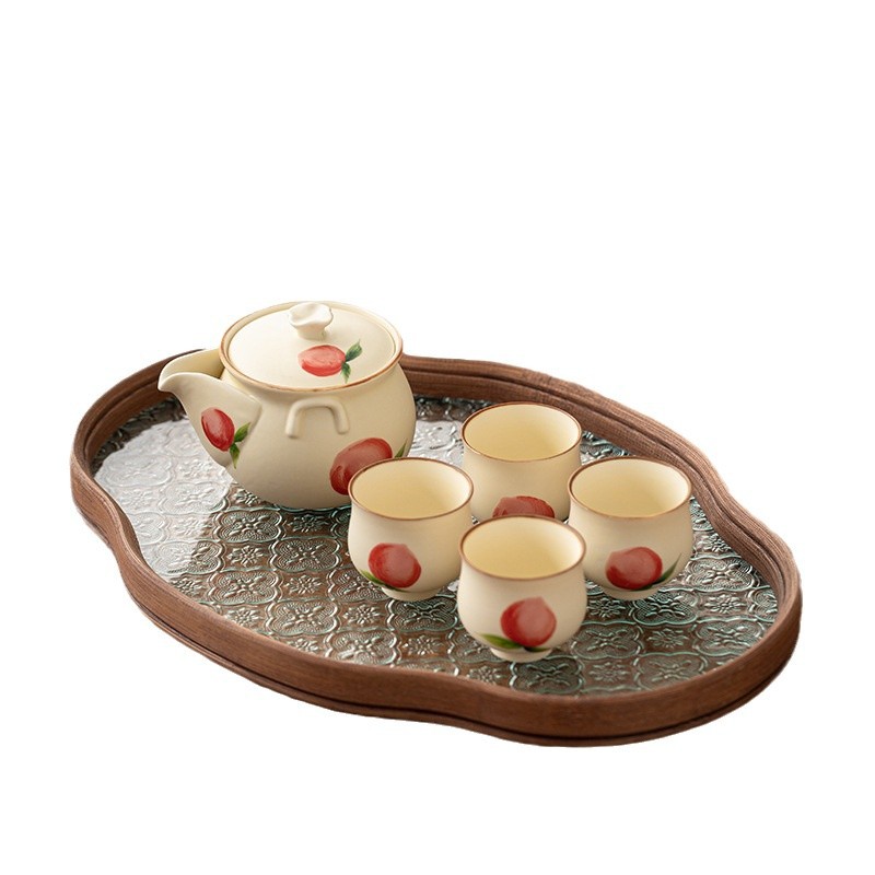 Bộ ấm trà màu vàng kem đào vẽ tay Bộ ấm trà gốm sứ gia dụng Bộ trà hộp quà bộ trà Kung Fu Trung Quốc