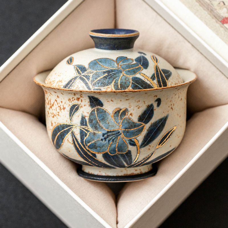 Bát gốm sứ đỏ đá lửa trắng xanh, bát trà hoa huệ vẽ tay có nắp, bộ trà kungfu gia dụng, bát pha trà đơn