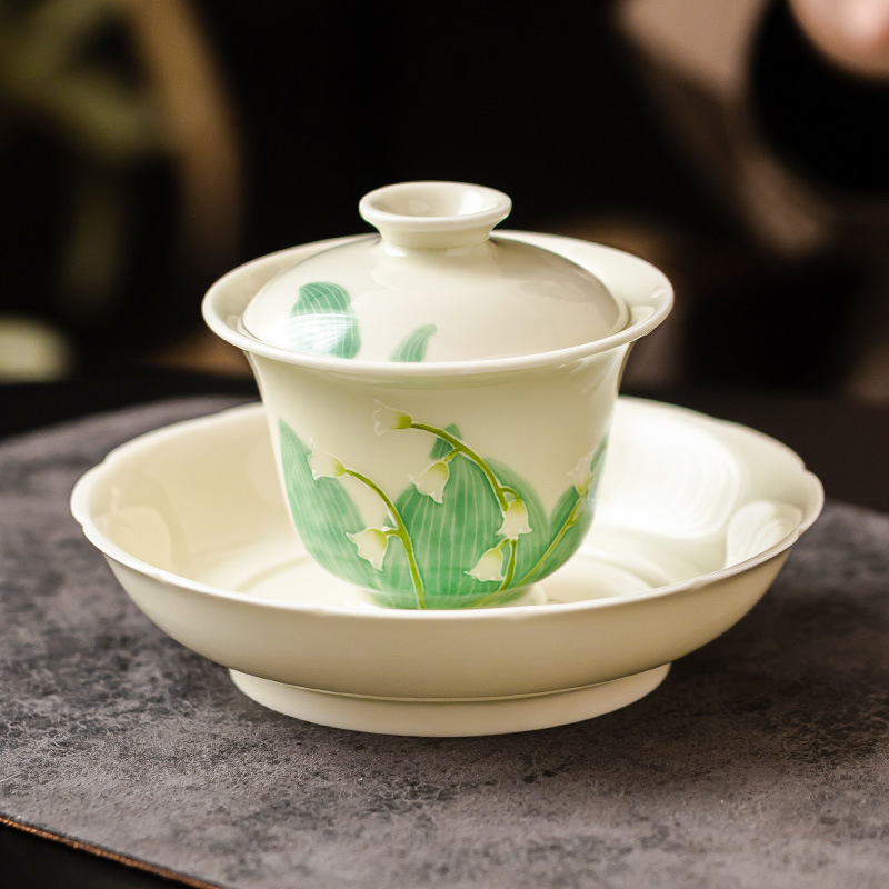 Hàng đống vẽ tay chạm khắc hoa lan thung lũng bát nắp nhị tài cốc trà bát trà gốm sứ gia dụng bát trà Kung Fu cỡ lớn có nắp chống bỏng