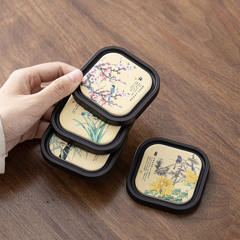Lót cốc gỗ điện thấm nước kiểu Trung Quốc, đệm gốm cách nhiệt, tranh mực sáng tạo, bộ trà Kung Fu vuông, khay đựng cốc có hộp đựng đồ