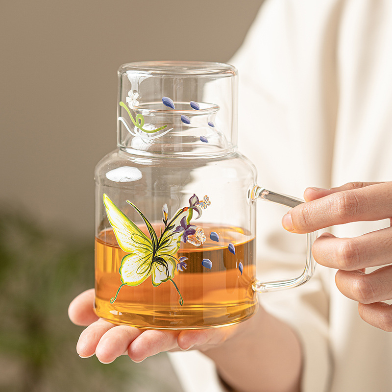 Ấm đun nước lạnh hoa bướm ấm trà lạnh thủy tinh chịu nhiệt cao ấm trà trái cây đồ uống dung tích lớn bộ ấm trà hoa có giá trị cao