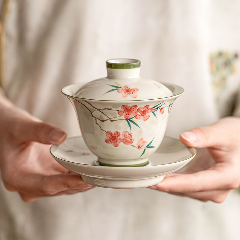 Cốc trà tam tài hoa đào vẽ tay cốc trà bộ trà kungfu cao cấp đồ pha trà gia dụng gốm sứ Trung Quốc bát trà