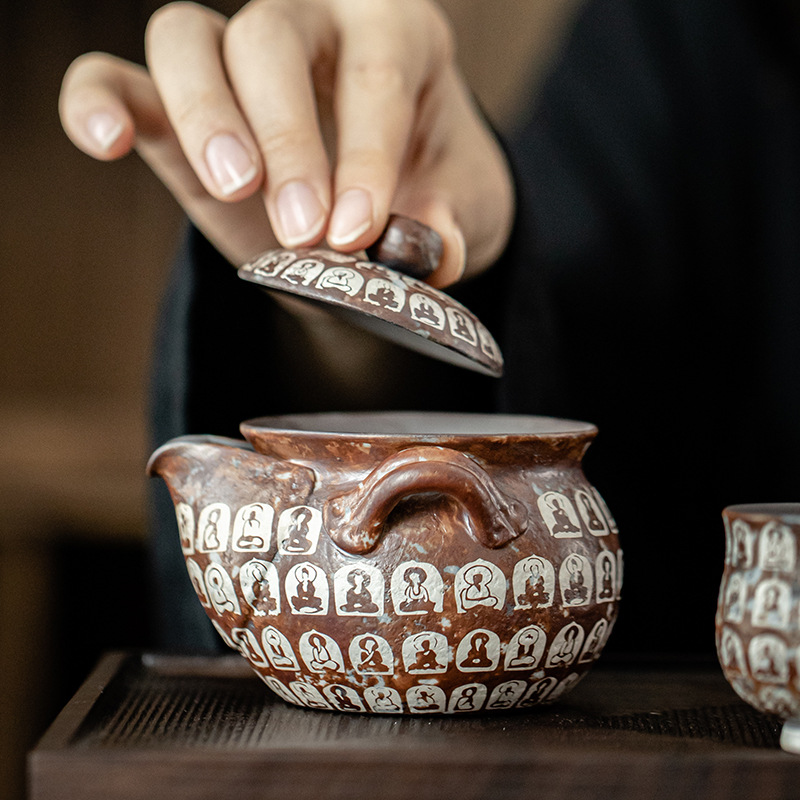 Ấm tay gốm thô bùn đá cũ Đôn Hoàng Vạn Phật mạ bạc Bảo Bình dụng cụ pha trà Kung Fu gia dụng ấm trà gốm sứ ấm đơn
