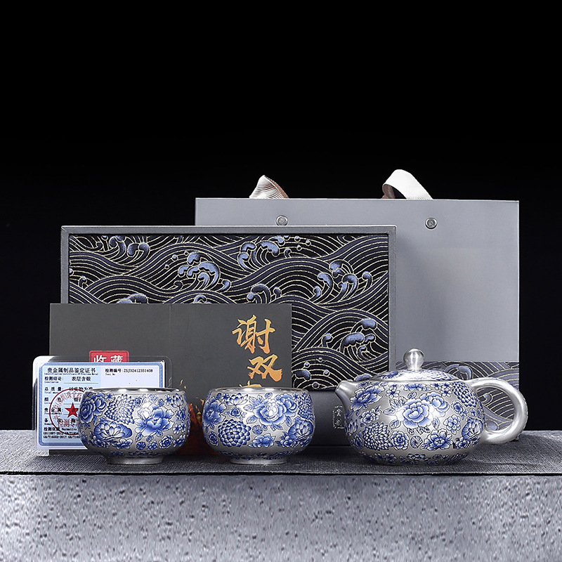 Bộ trà Kung Fu hoa sen mạ bạc xanh trắng Bộ trà bạc cao cấp một ấm hai cốc ấm trà sang trọng nhẹ