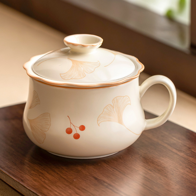 Cốc văn phòng hoa bạch quả màu be cốc chuyên dụng cá nhân cốc gốm có nắp cốc tách nước trà cốc pha trà