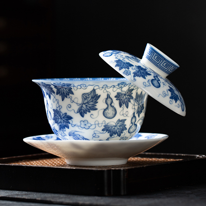 Jingdezhen Ercai có nắp, sứ trắng xanh vẽ tay, hình ảnh Fulu, chén trà tráng men gốm cao cấp đơn, cốc pha trà Kung Fu