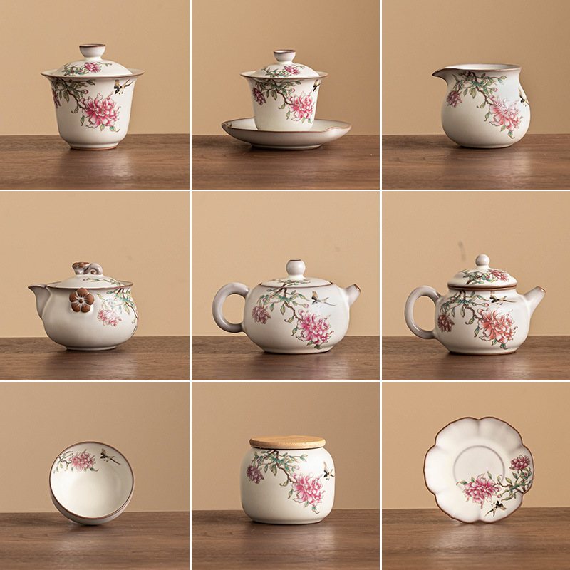 Bộ ấm chén trà Ruyao Kung Fu, thạch mỡ heo, hoa mẫu đơn, bát sứ Ru có nắp, tách trà, ấm trà, tách trà, đế lót ly, hộp đựng trà